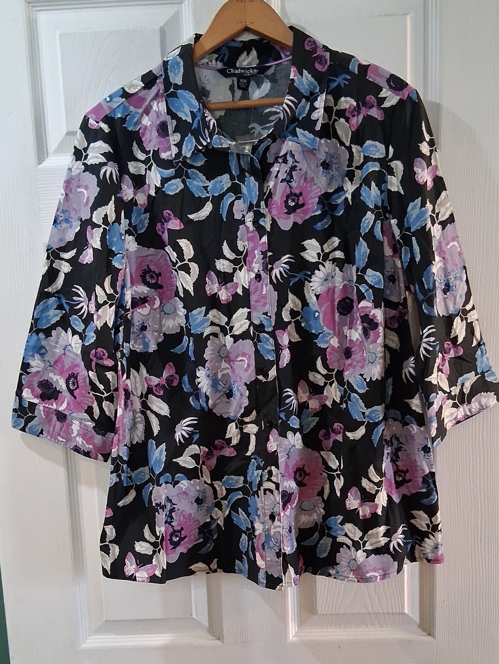 Chadwicks Black Floral Button-Down Shirt with Pink & Blue Blooms